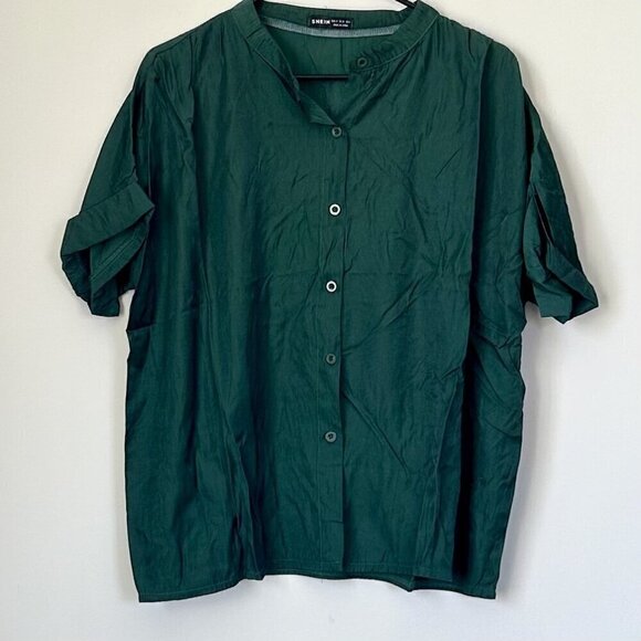 Retro Green Button Up Rolled Short Sleeve Blouse - Size: Medium - Picture 1 of 6